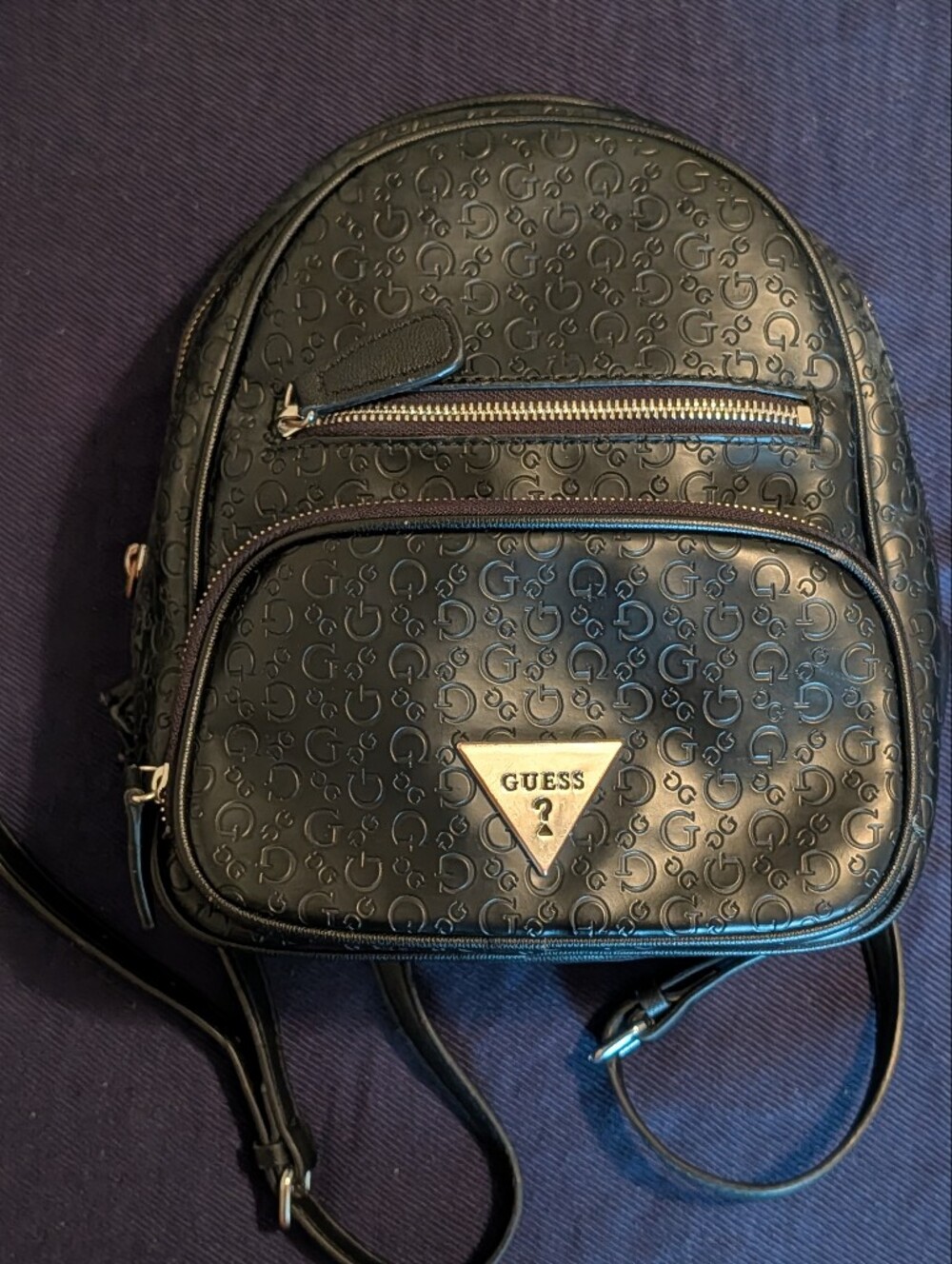 GUESS Black Embossed Logo Mini Backpack with Gold Accent